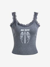 Lace Trim Gray Feather Skeleton Tank Top