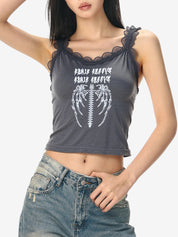 Lace Trim Gray Feather Skeleton Tank Top
