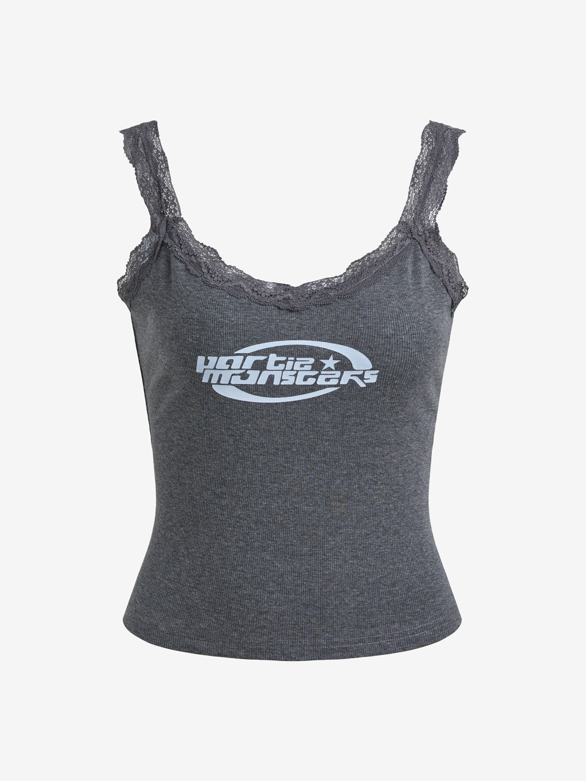 Lace Trim Gray Ietter Tank Top