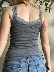 Lace Trim Gray Ietter Tank Top