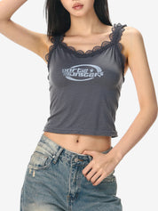 Lace Trim Gray Ietter Tank Top