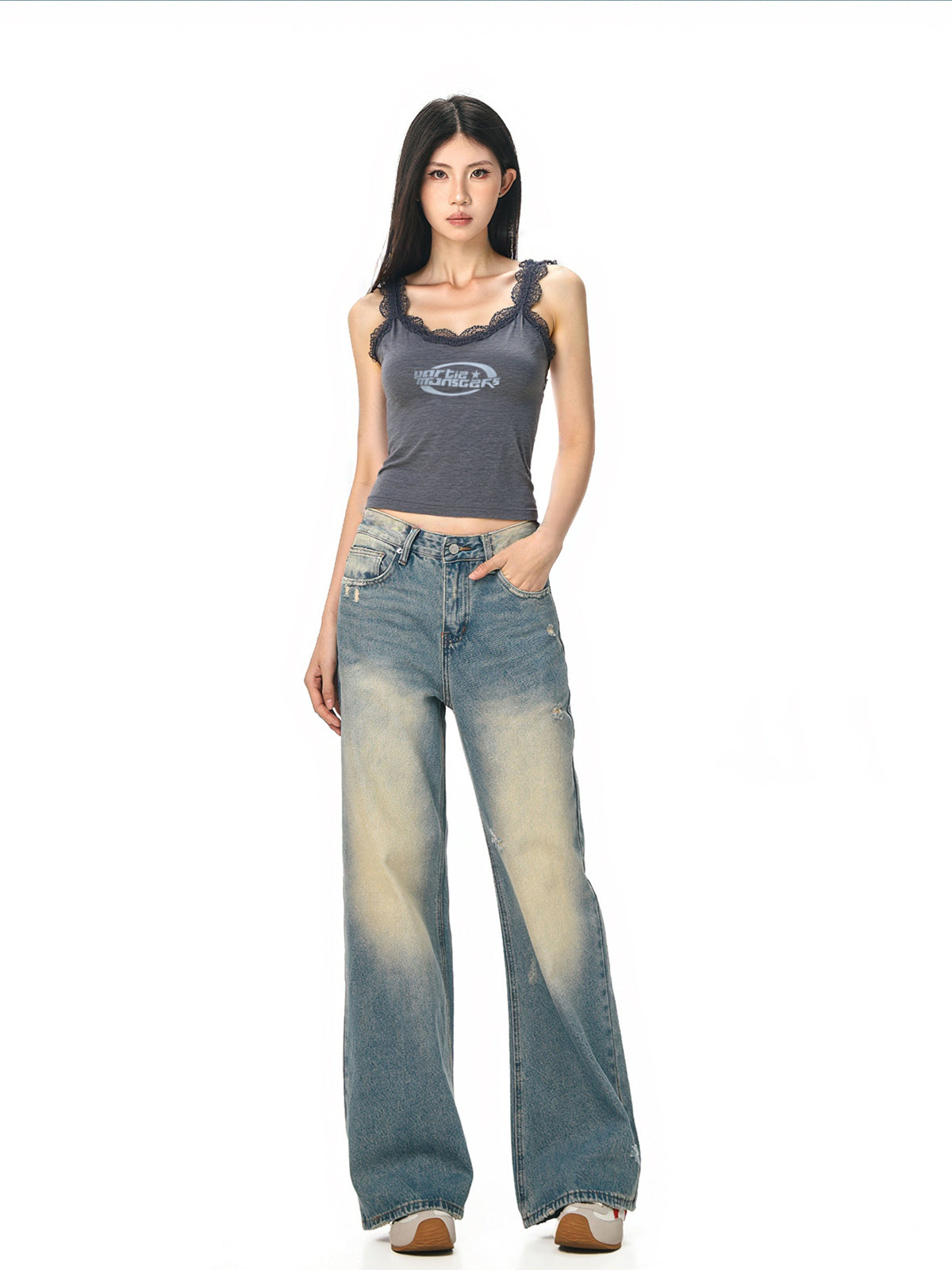 Lace Trim Gray Ietter Tank Top