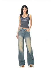 Lace Trim Gray Ietter Tank Top