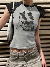 Cat Print Raglan Short Sleeve Tee