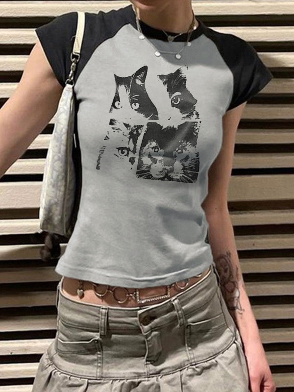 Cat Print Raglan Short Sleeve Tee