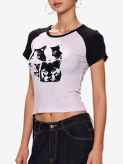 Cat Print Raglan Short Sleeve Tee