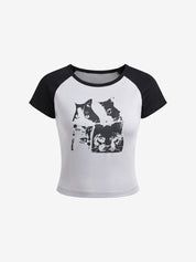 Cat Print Raglan Short Sleeve Tee