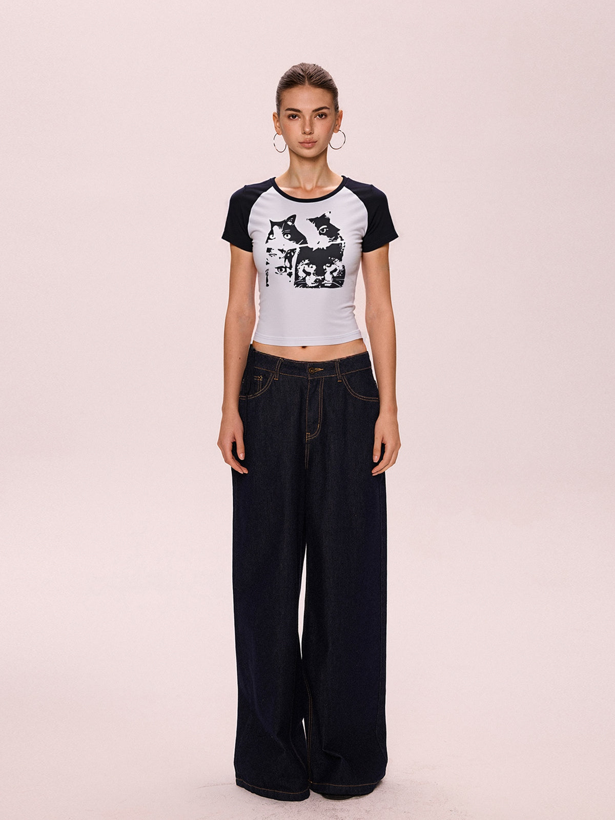 Cat Print Raglan Short Sleeve Tee