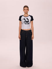 Cat Print Raglan Short Sleeve Tee