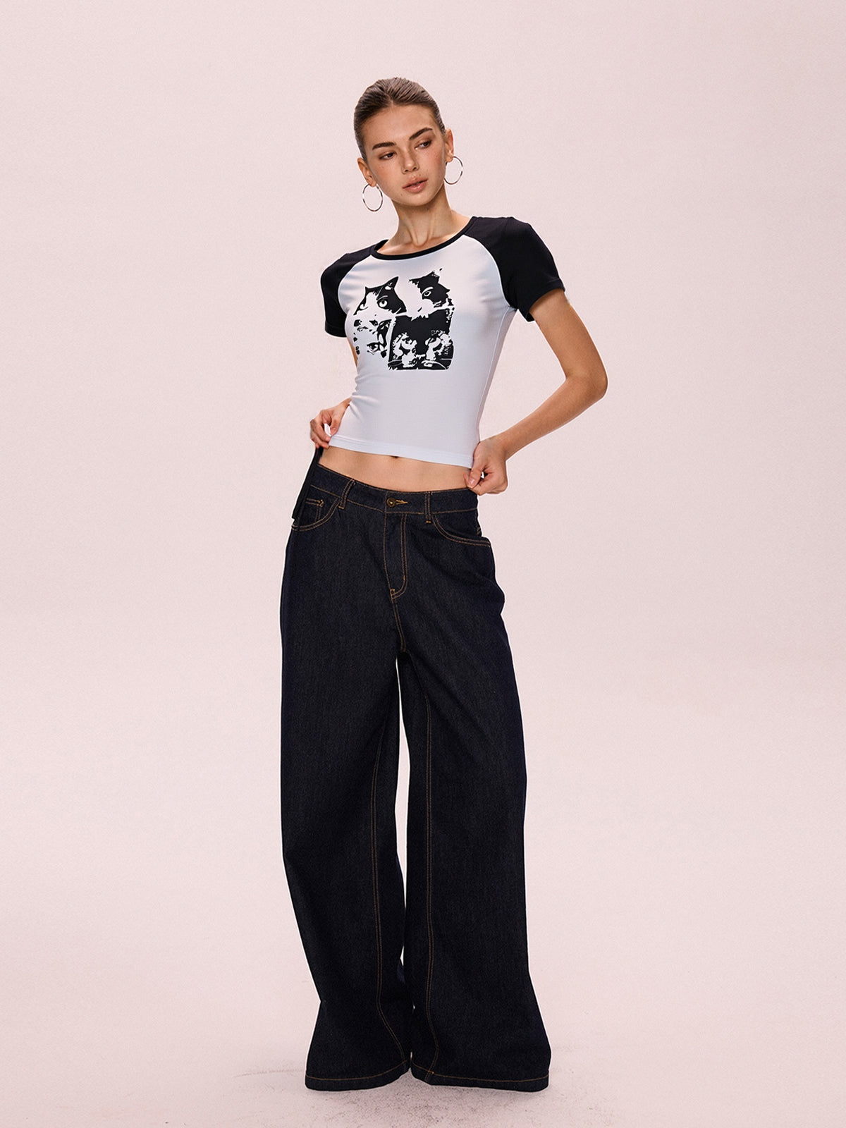 Cat Print Raglan Short Sleeve Tee