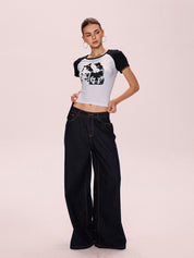 Cat Print Raglan Short Sleeve Tee