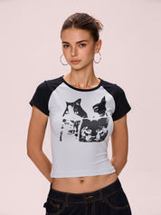 Cat Print Raglan Short Sleeve Tee