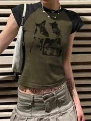 Cat Print Raglan Short Sleeve Tee