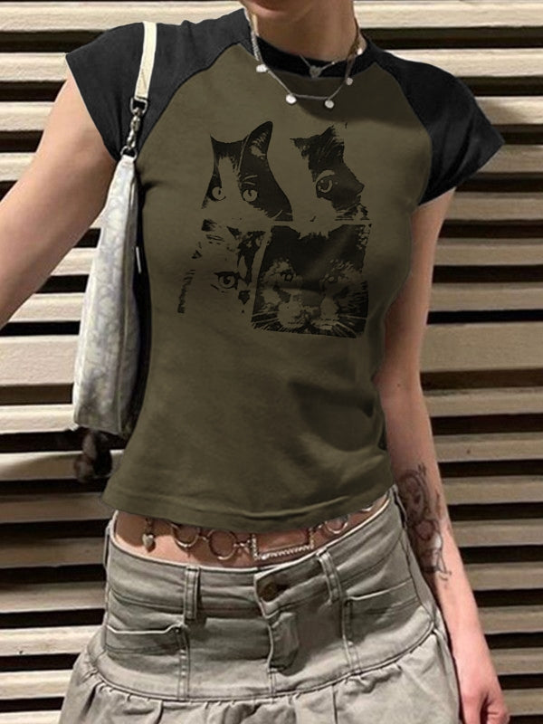 Cat Print Raglan Short Sleeve Tee