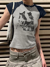 Cat Print Raglan Short Sleeve Tee