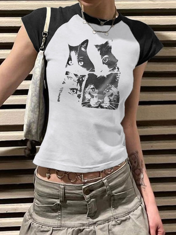 Cat Print Raglan Short Sleeve Tee