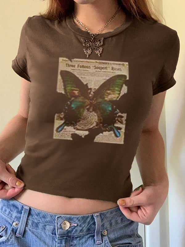Vintage Brown Butterfly Print Short Sleeve Tee