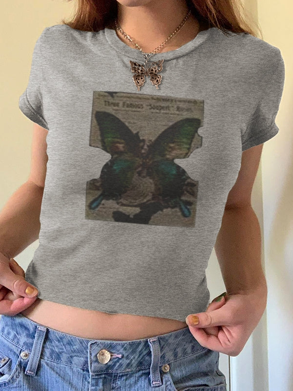 Vintage Brown Butterfly Print Short Sleeve Tee
