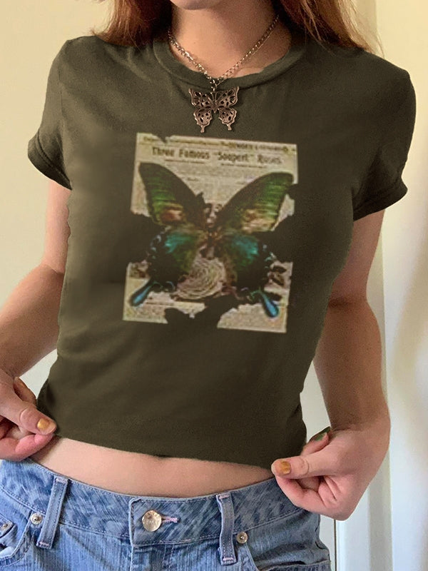 Vintage Brown Butterfly Print Short Sleeve Tee