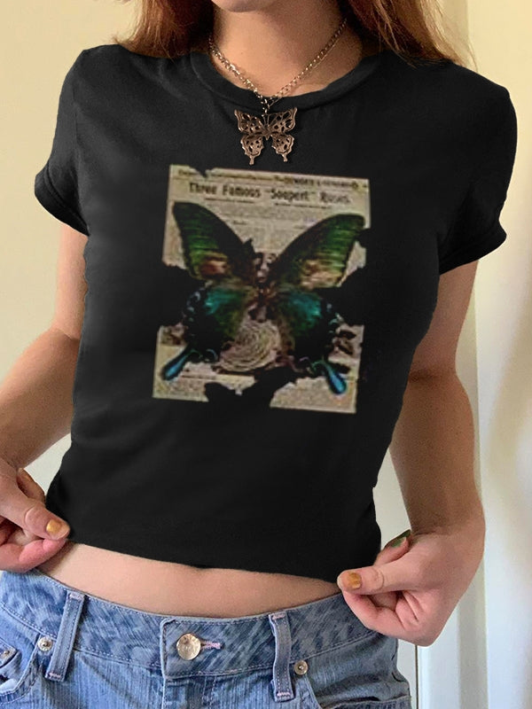 Vintage Brown Butterfly Print Short Sleeve Tee