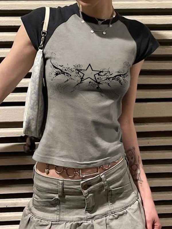 Retro Star Raglan Sleeve Cropped Top