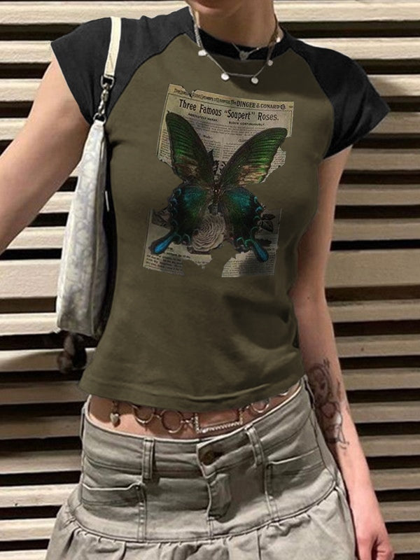 Vintage Butterfly Print Raglan Short Sleeve Tee