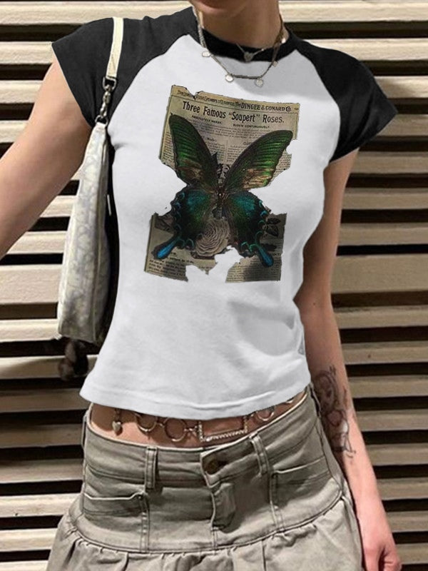 Vintage Butterfly Print Raglan Short Sleeve Tee