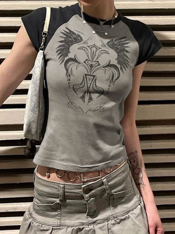 Vintage Wing Print Raglan Short Sleeve Tee