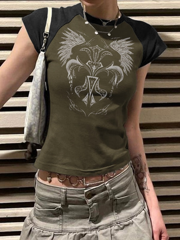 Vintage Wing Print Raglan Short Sleeve Tee