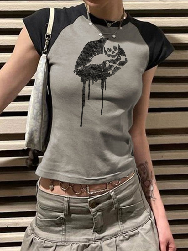 Vintage Lip Print Ragla  Short Sleeve Tee