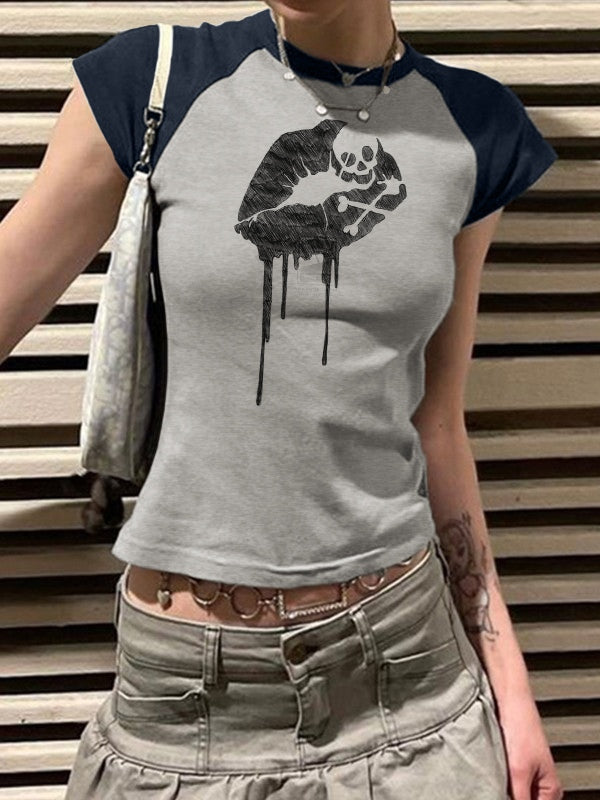 Vintage Lip Print Ragla  Short Sleeve Tee
