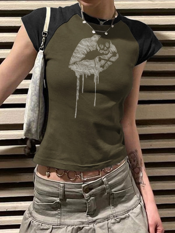Vintage Lip Print Ragla  Short Sleeve Tee
