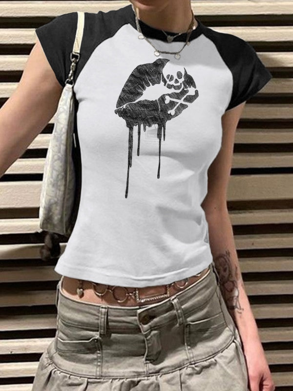 Vintage Lip Print Ragla  Short Sleeve Tee