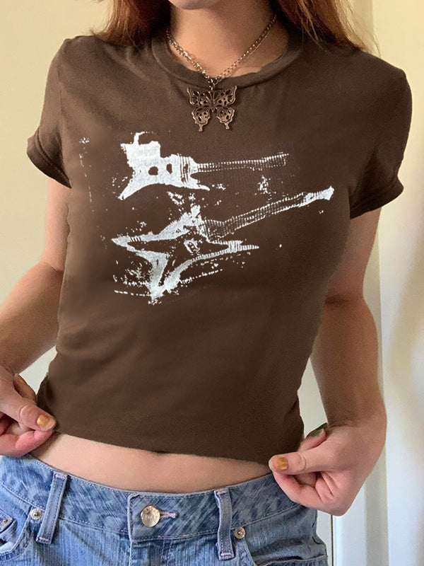 Vintage Brown Guitar Print Short Sleeve Tee
