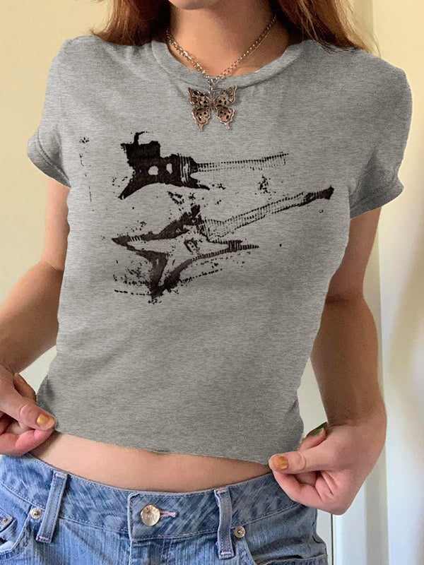 Vintage Brown Guitar Print Short Sleeve Tee