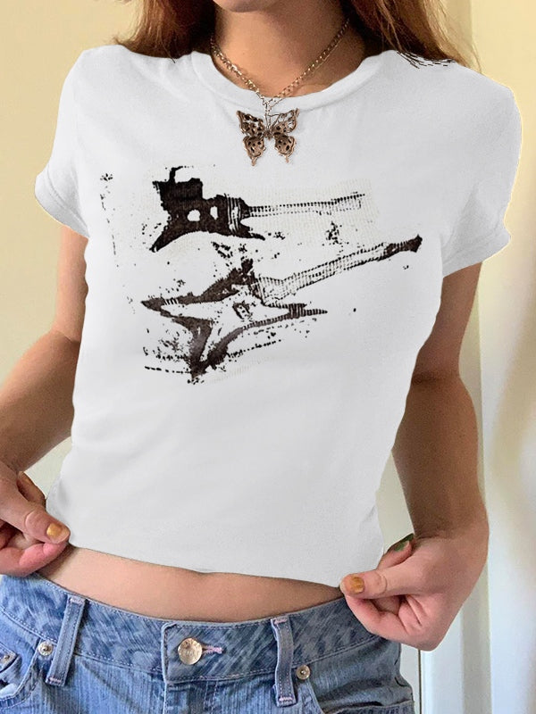 Vintage Brown Guitar Print Short Sleeve Tee