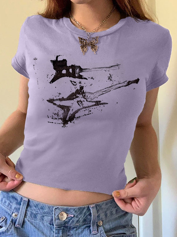 Vintage Brown Guitar Print Short Sleeve Tee
