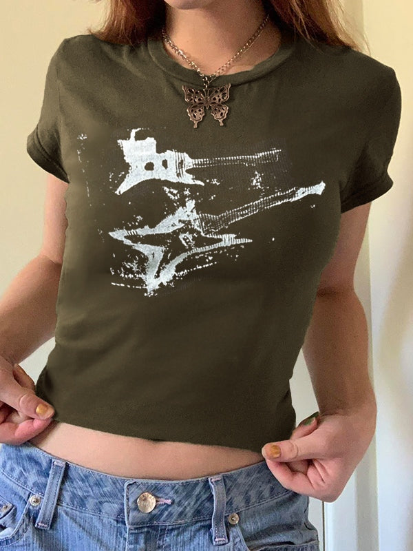 Vintage Brown Guitar Print Short Sleeve Tee