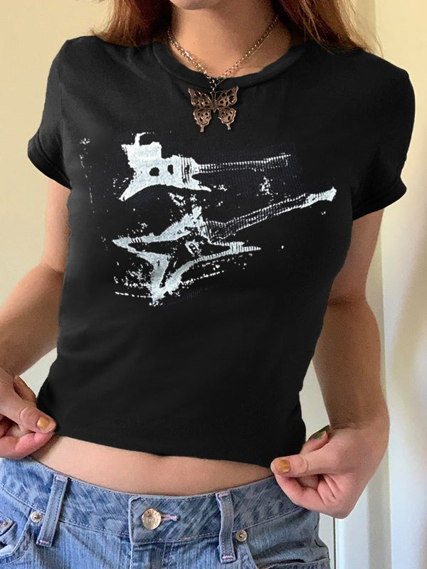 Vintage Brown Guitar Print Short Sleeve Tee