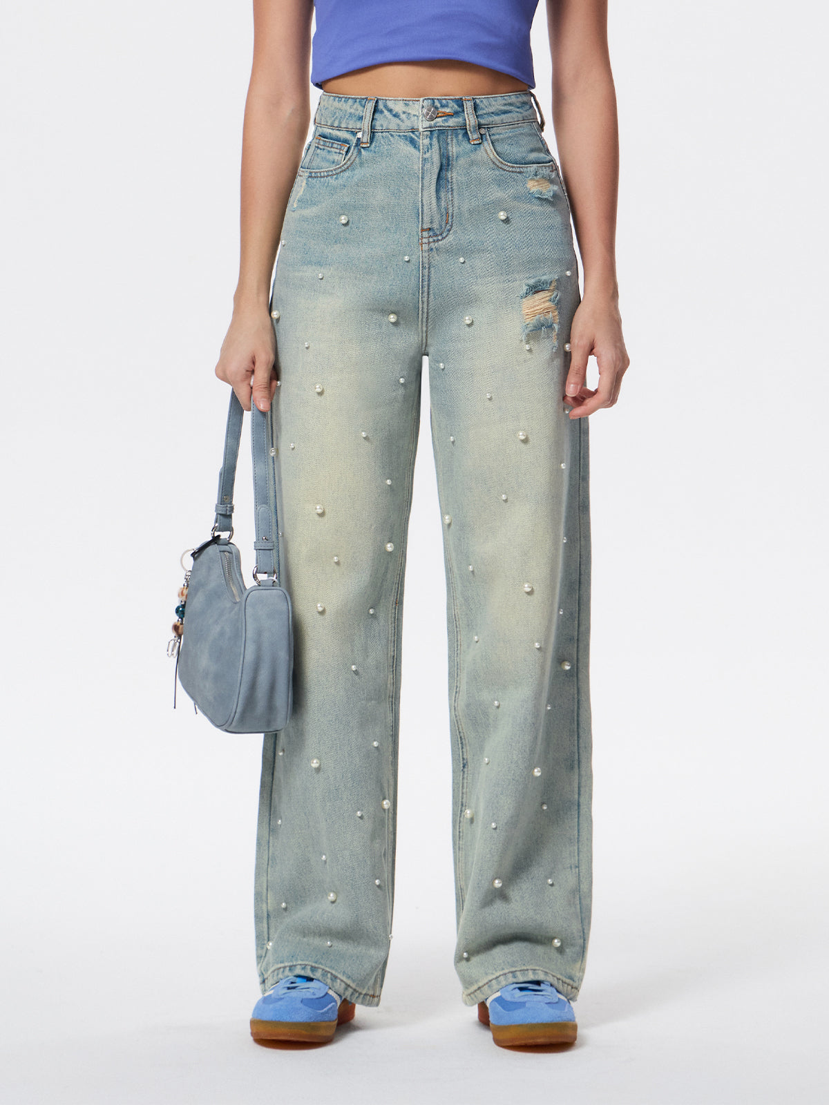 Women's Heavy Beaded Light-Colored Denim Straight Leg Pants