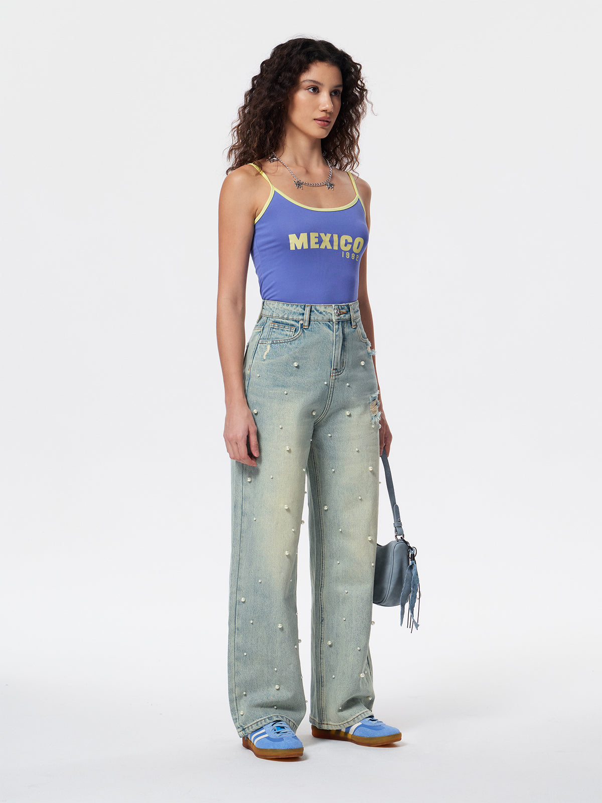Women's Heavy Beaded Light-Colored Denim Straight Leg Pants