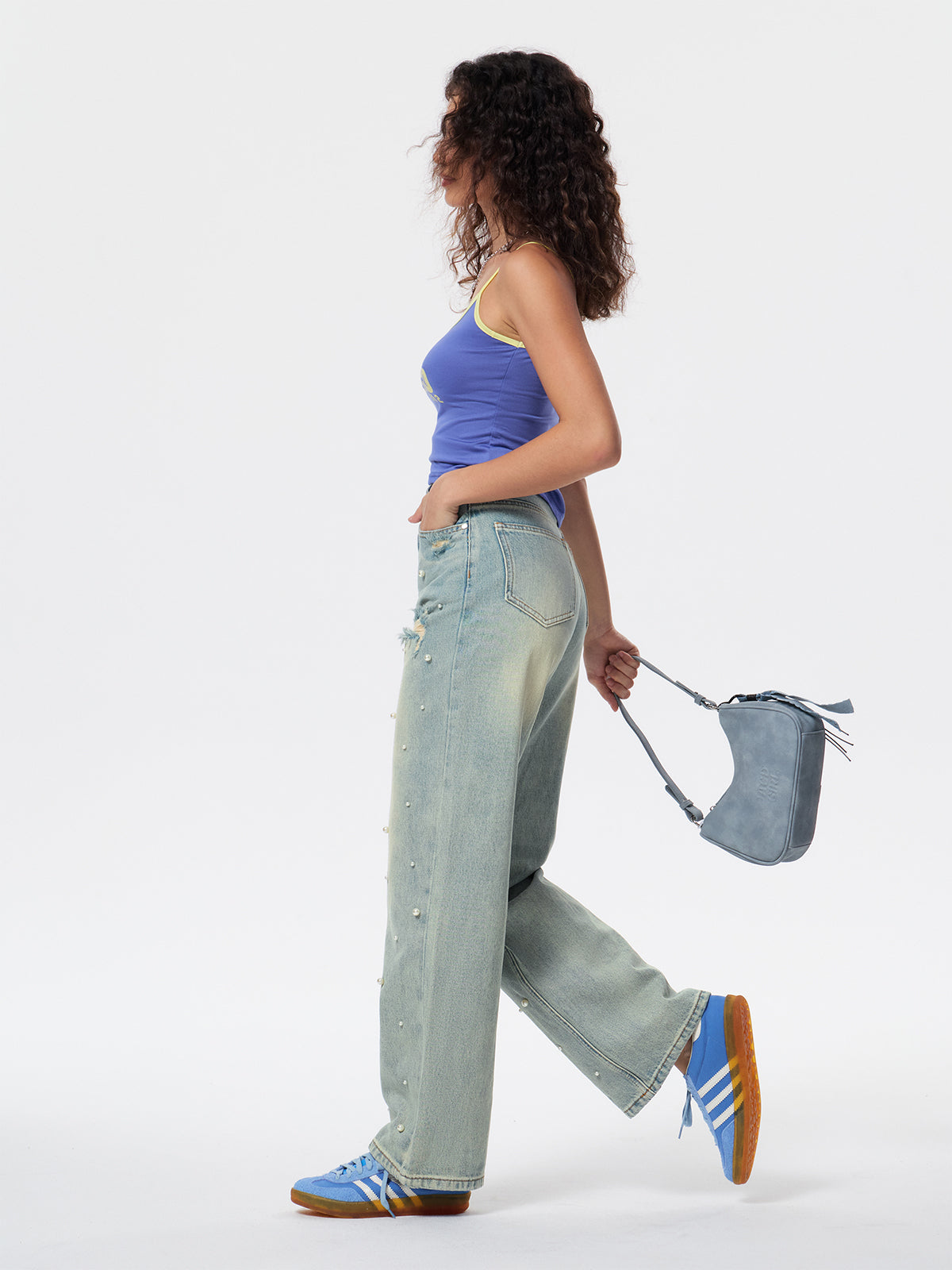 Women's Heavy Beaded Light-Colored Denim Straight Leg Pants