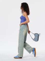 Women's Heavy Beaded Light-Colored Denim Straight Leg Pants