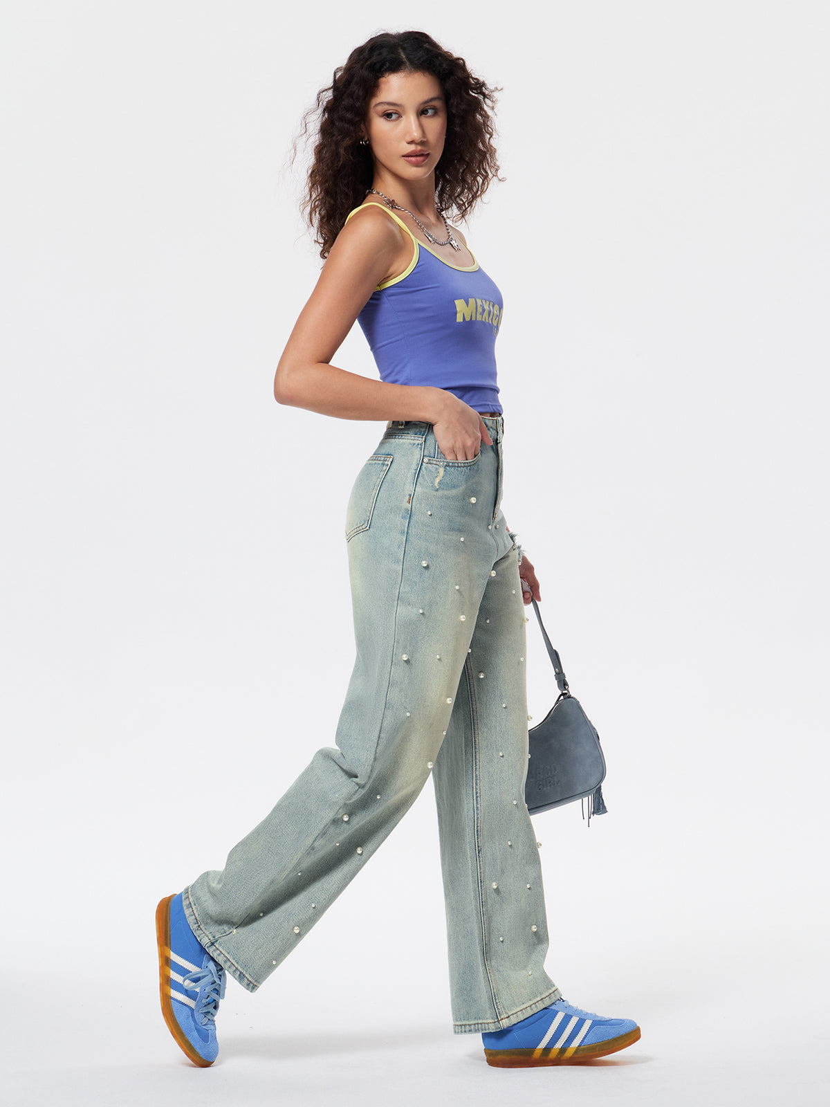 Women's Heavy Beaded Light-Colored Denim Straight Leg Pants
