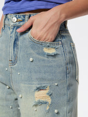Women's Heavy Beaded Light-Colored Denim Straight Leg Pants