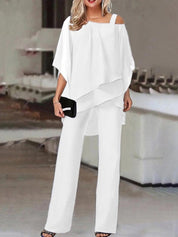 Irregular Layered Chiffon Top & Wide-Leg Pants Set