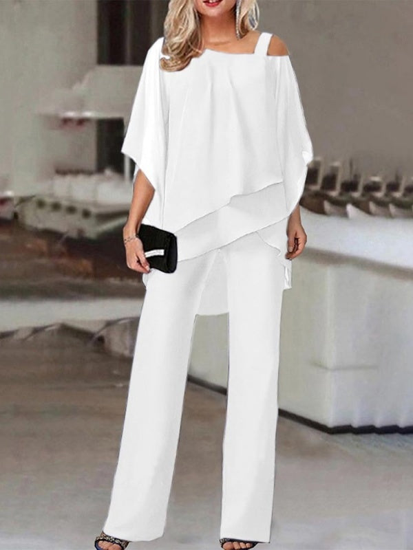 Irregular Layered Chiffon Top & Wide-Leg Pants Set