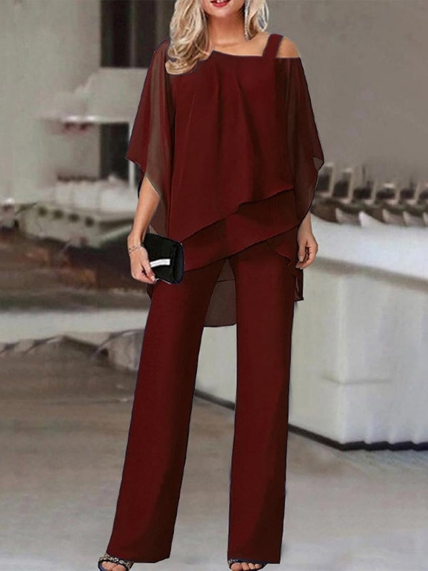 Irregular Layered Chiffon Top & Wide-Leg Pants Set