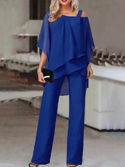 Irregular Layered Chiffon Top & Wide-Leg Pants Set