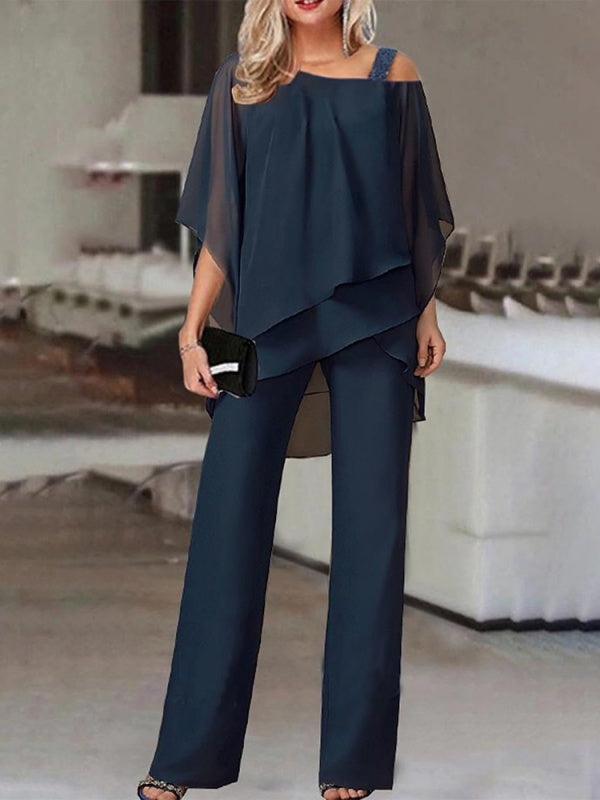 Irregular Layered Chiffon Top & Wide-Leg Pants Set